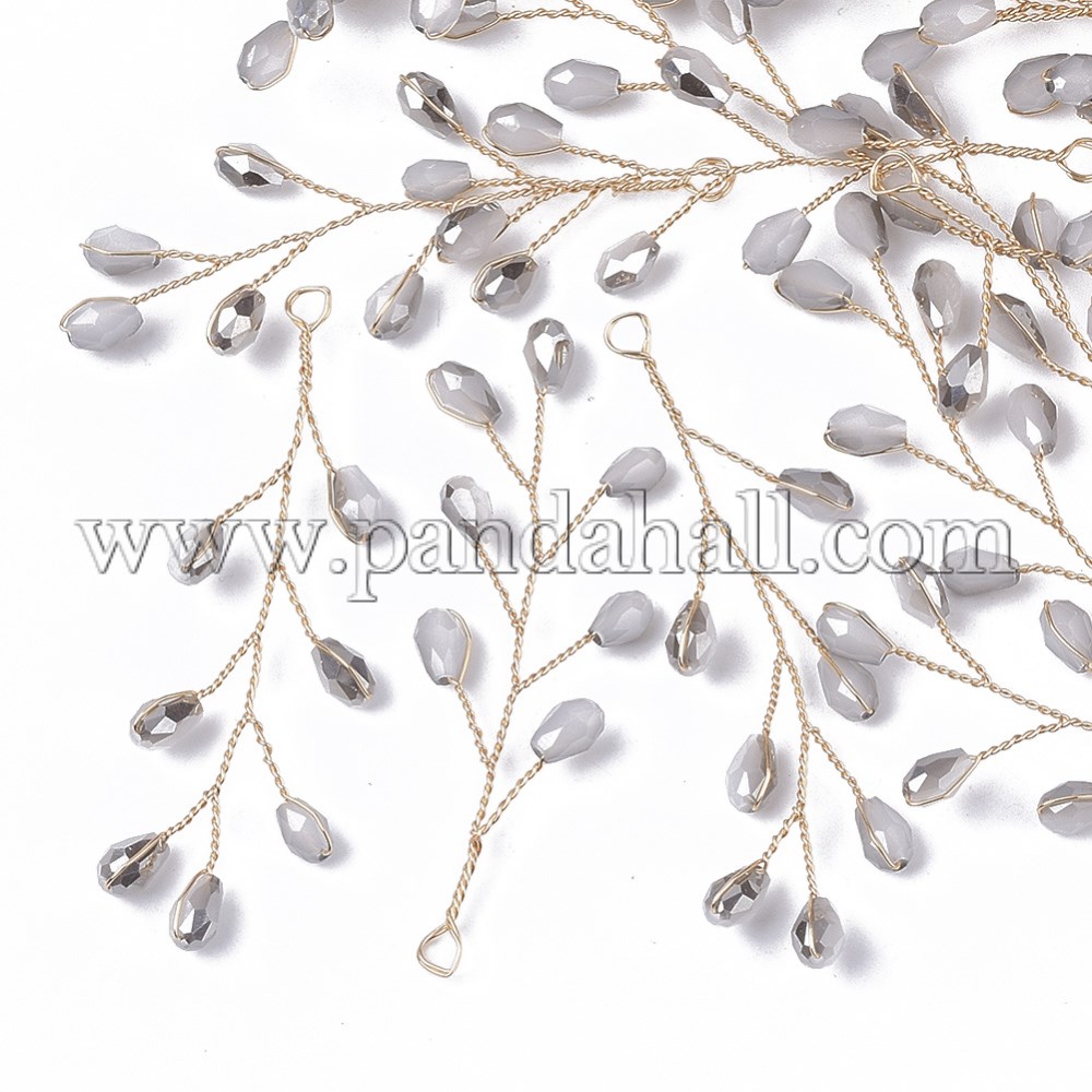 Glass Seed Beads Wire Wrapped Big Pendants, with Golden Plated Brass Wires, LightGrey, 51~55x11~14x3mm, Hole: 2mm