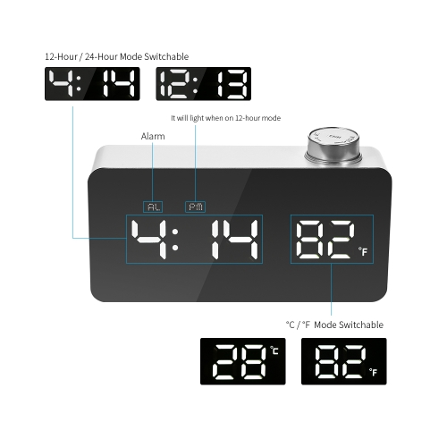Digital LED Mirror Alarm Clock USB & Battery Operated 12H/24H