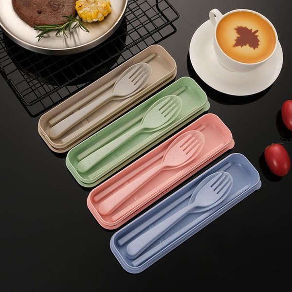 Dinnerware Sets 4pcs Set Portable Tableware Spoon Fork Chopsticks Travel Cutlery With Box Wheat Straw