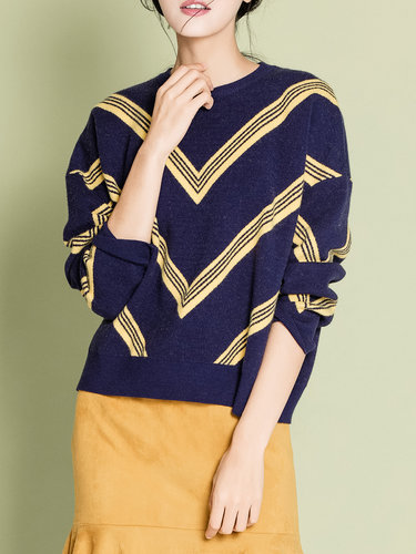 Multicolor Geometric Printed Crew Neck Casual Long Sleeved Top