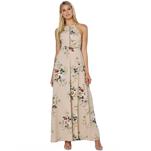 Women Chiffon Dress Floral Print Halter Sleeveless Split Backless Hollow Out Beach Maxi Gown Elegant Party One-Piece