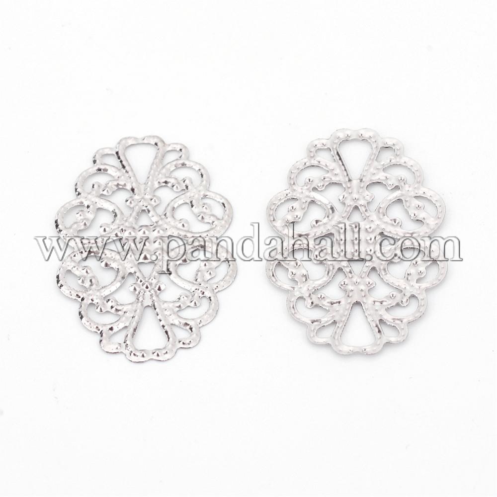 Iron Filigree Joins Links, Etched Metal Embellishments, Platinum, 31x20x0.5mm, Hole: 6x3.5mm