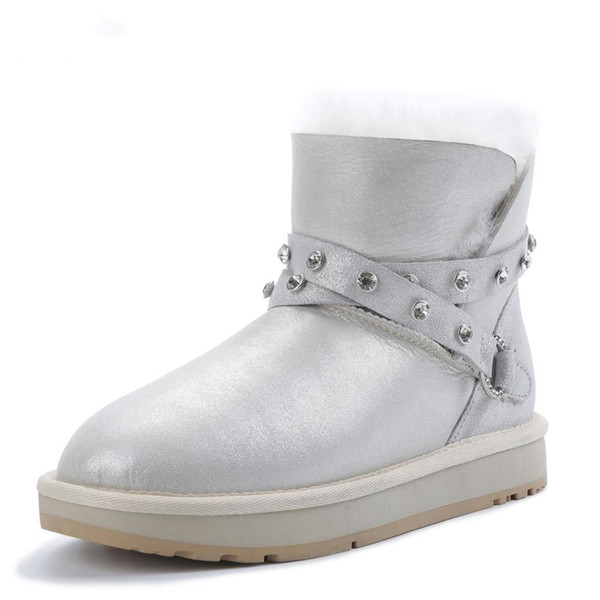 Waterproof Sheepksin Leather Shearling Wool Fur Lined Short Winter Boots Women Ankle Snow Boots Shoes Silver Crystal Strap