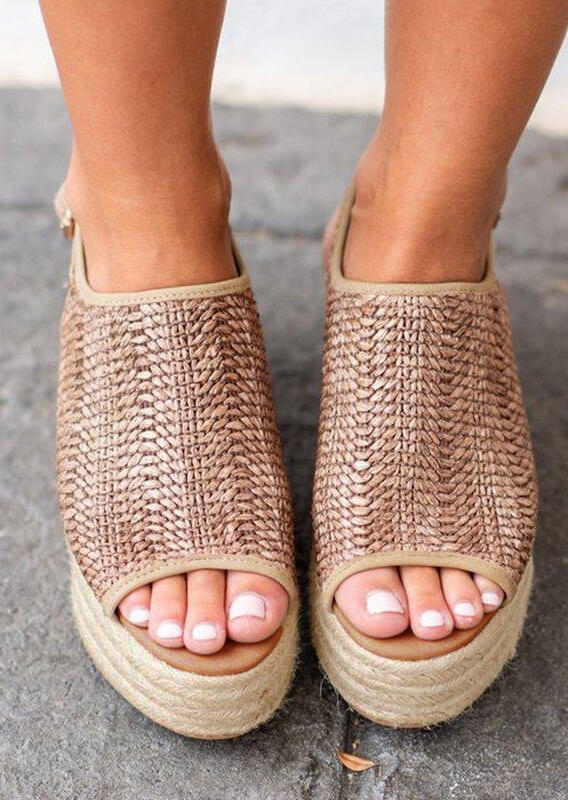 Solid Buckle Strap Peep Toe Wedge Sandals - Brown