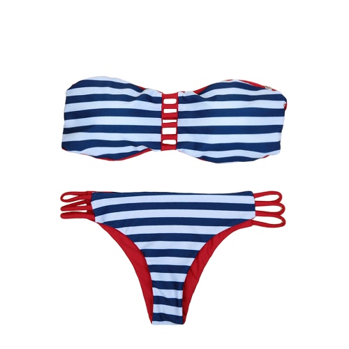 Sexy Women Strapless Bikini Set Contrast Stripe Top Bottom Beach Swimwear Swimsuit Bathing Suit Dark Blue