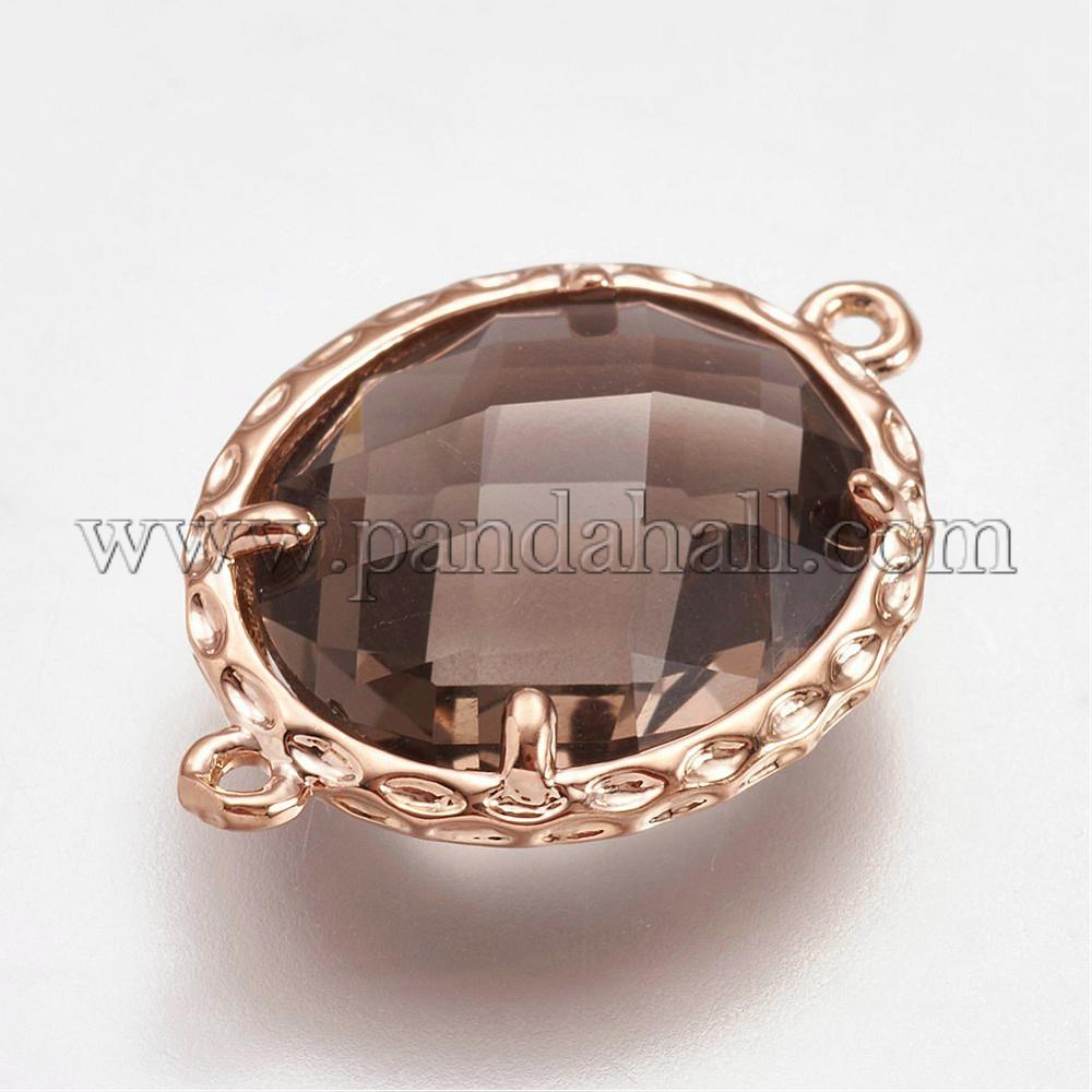 Faceted Glass Links/Connectors, with Brass Finding, Flat Oval, Light Gold, Coffee, 21x15x6mm, Hole: 1mm