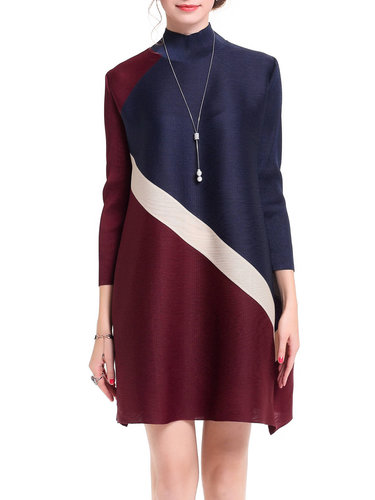 Color-block 3/4 Sleeve Polyester A-line Midi Dress