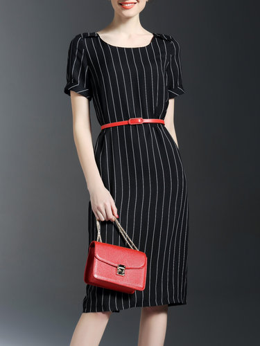 Black Zipper Stripes Short Sleeve Midi Dress