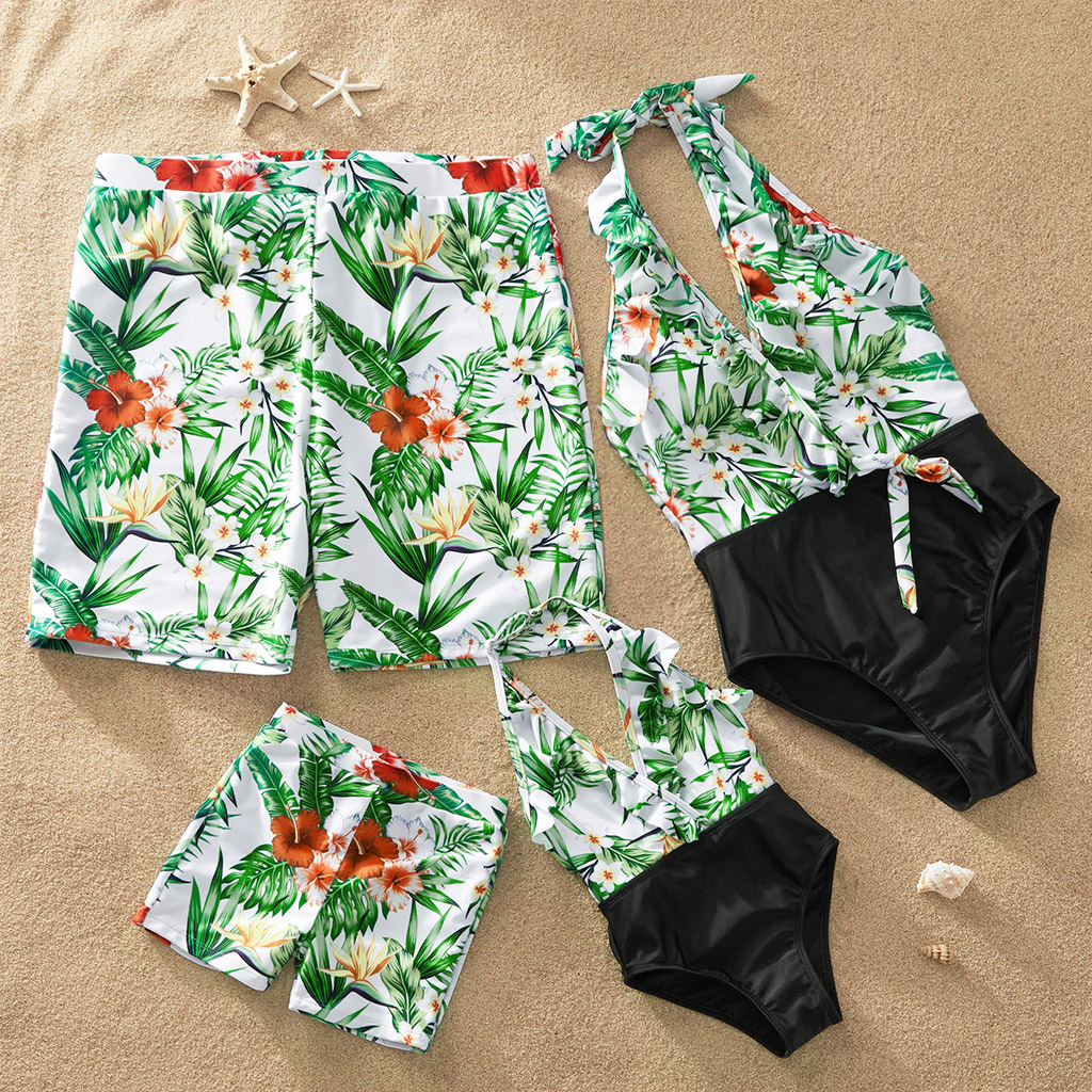 Green Plant Print Family Swimsuits