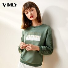 Vimly Casual Women Letters Embroidery Sweatshirts Women Lace Patchwork Sleeve Pullover Streetwear Harajuku Female O Neck Hoodie