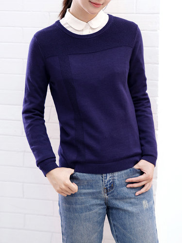 Casual Knitted Plain Crew Neck Long Sleeve Sweater