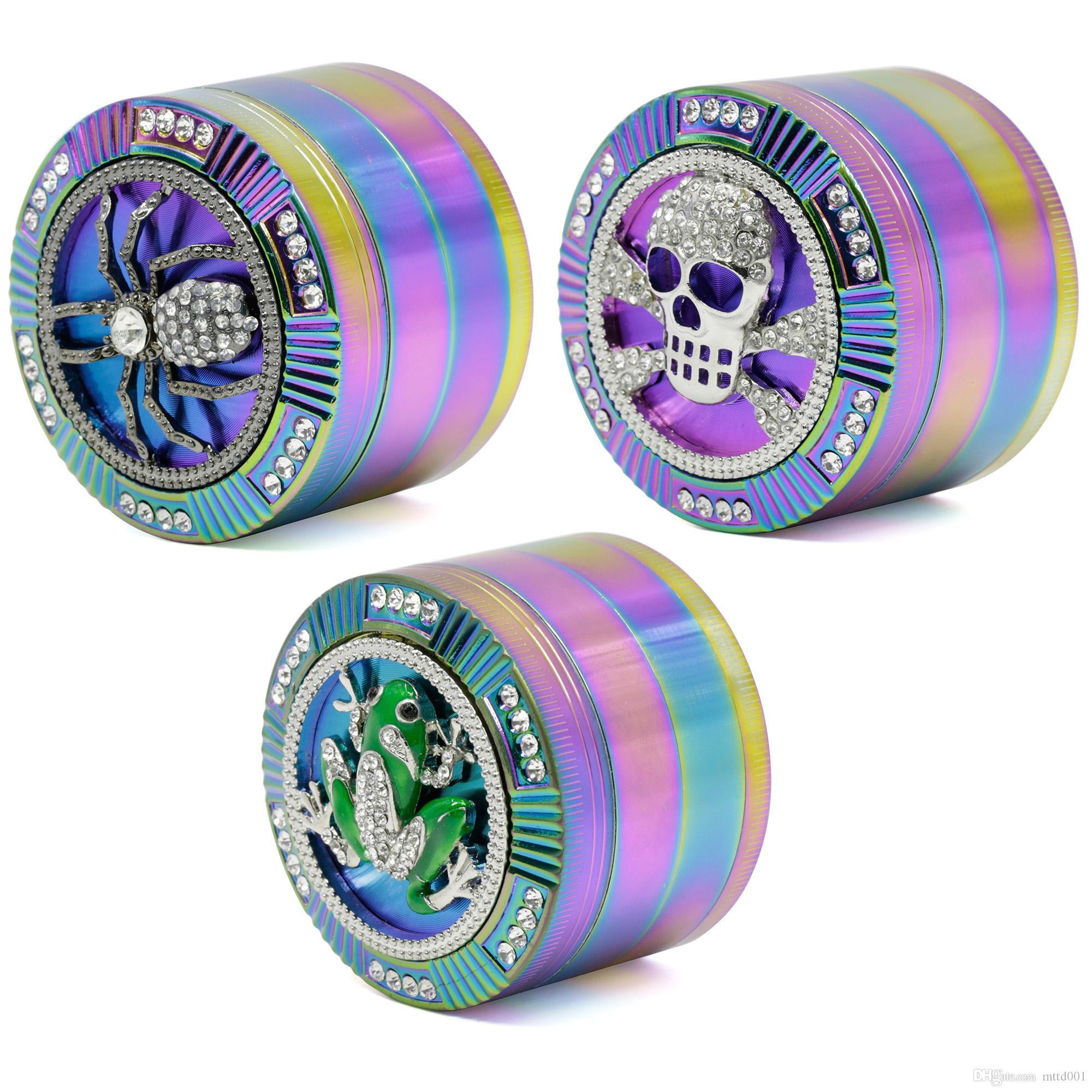 Diamante Spider Skull Frog Shape Herb Grinder Iceblue Rainbow Color Zinc Alloy Wholesale New Arrival 4 Layers Diameter 63mm Tobacco Crusher