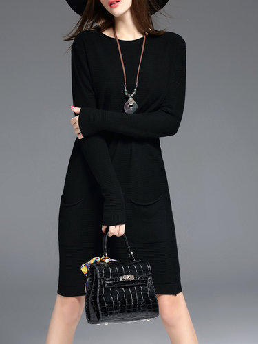 Black Long Sleeve Pockets Knitted Sweater Dress