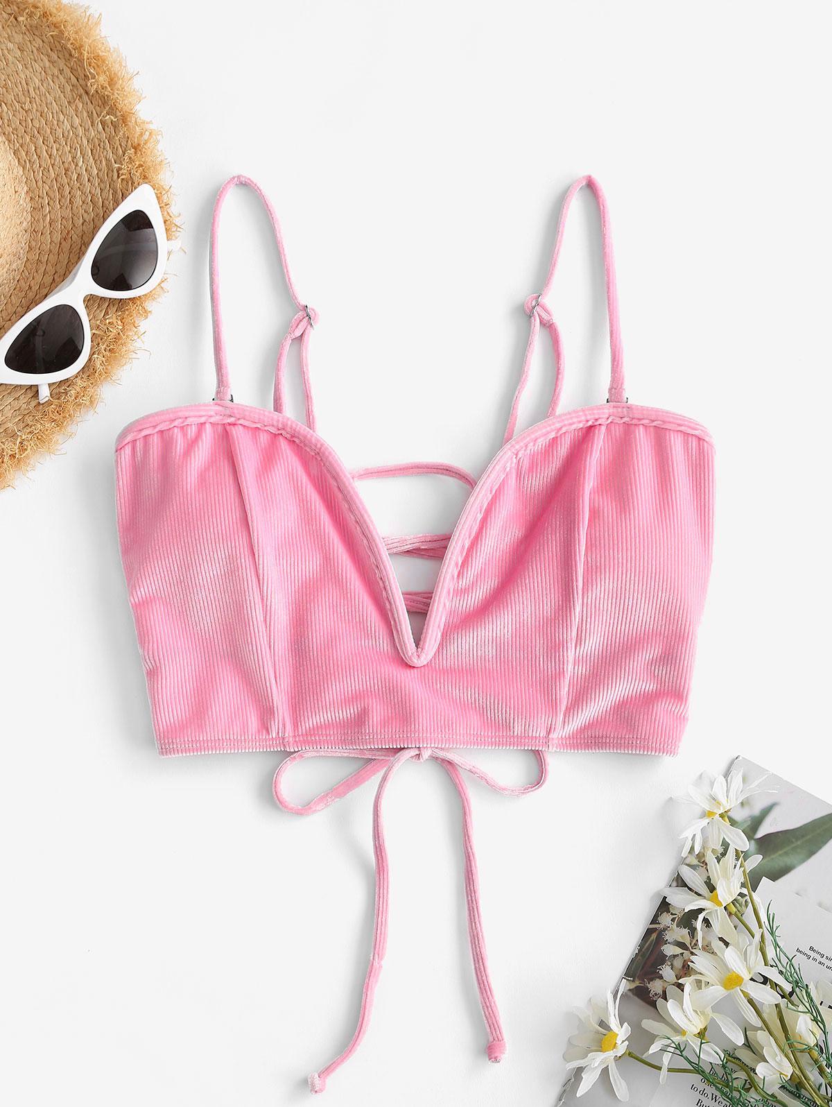 ZAFUL Bikini-Top aus Geripptem Samt mit Schnürung 2xl Helles rosa
