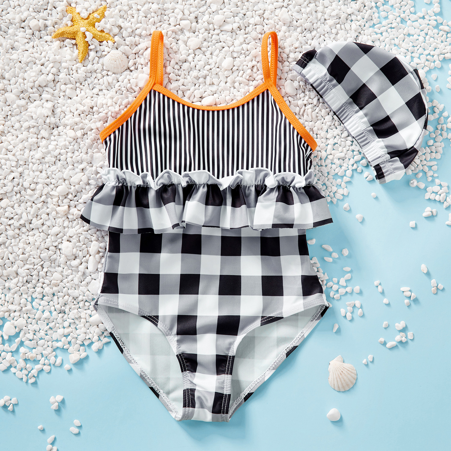 Toddler Girl Adorable Striped and Plaid Ruffled One-piece Swimsuit