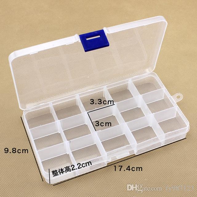 Free shipping Adjustable 15 Compartment Plastic Clear Storage Box For Jewelry Earring Tool Container