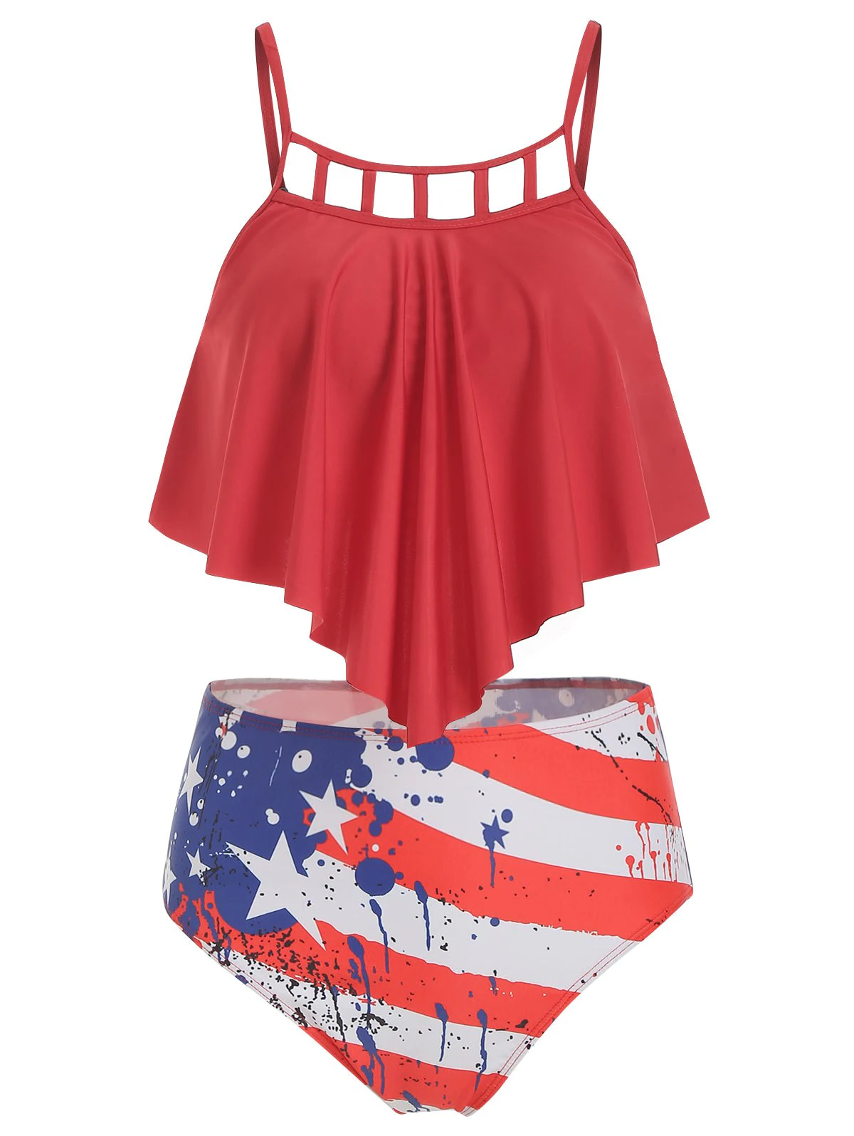 Cut Out American Flag Overlay Tankini Swimsuit