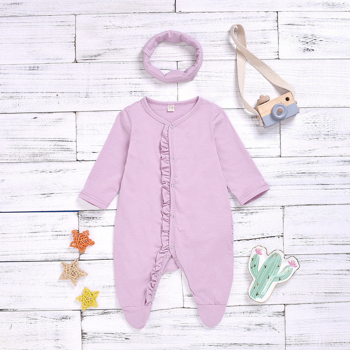 Baby Girl Solid Long-sleeve Jumpsuit and Headband