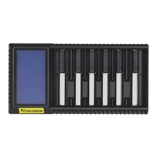 NOKOSER D6U 6 Slot LCD inteligente Li-ion / LiFePO4 Cargador de batería para baterías recargables de Ni-MH / Ni-Cd AAA / SC 26650/18650