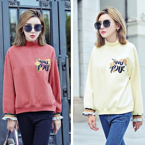 Chic Women Hoodies Sweatshirt Retro Floral Embroidery High Neck Long Sleeve Loose Pullover Tops Beige/Red