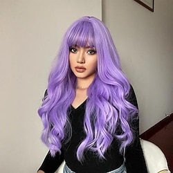 Purple Body Wave Synthetic Wigs With Bangs For Women Long Curly Hair For Cosplay Girls And Women Party Or Daily Use Wig Lightinthebox