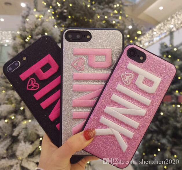 PINK Cover Fashion Design Glitter 3D Embroidery Love Pink Phone Case For iPhone X, iPhone 8, 7, 6 Plus For Samsung S9 S9 plus 9+ 3colors