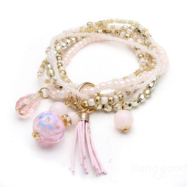 Multilayer Beads Tassel Charm Strand Stretch Bracelet For Women