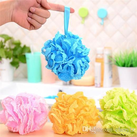 High Quality Lace Mesh Pouf Sponge Bathing Spa Handle Body Shower Scrubber Ball Colorful Bath Brushes Sponges AAF507