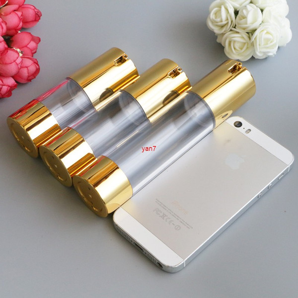 New Gold Cosmetic Airless Lotion Bottle Essence Serum Packaging Pump Bottles 15ml 30ml 50ml Empty Makeup Containers 100pcs/lotgood qualtityg
