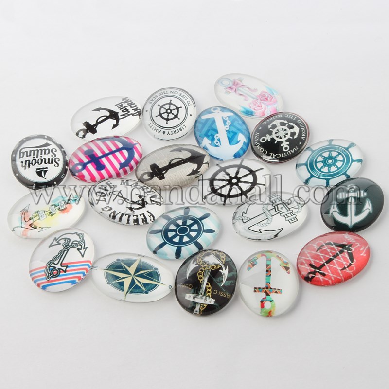 Nautical Helm & Anchor Theme Ornaments Glass Oval Flatback Cabochons, Mixed Color, 18x13x4mm
